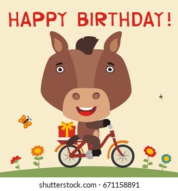 Happy birthday! Cute horse rides on bike with gift. Greeteng card.