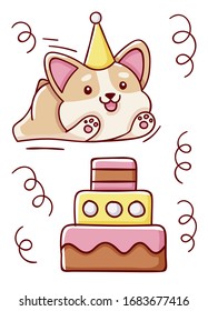 Happy birthday, cute kawaii hand drawn corgi dog and cake doodles, isolated on white background, print
