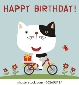 Happy birthday! Cute kitten cat rides on bike with gift. Greeting card.