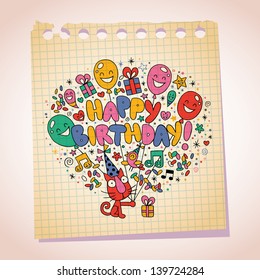 Happy Birthday cute kitten note paper cartoon sketch