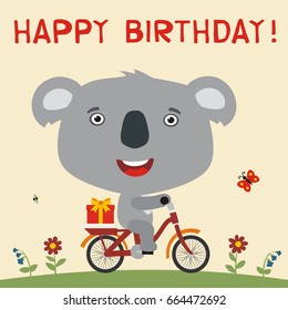 Happy birthday! Cute koala rides on bike with gift. Greeting card.