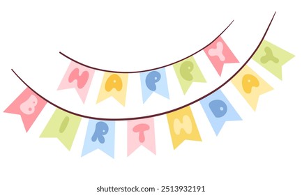 Feliz cumpleaños - letras lindas con letras coloridas en banderas, dibujadas a mano en estilo de Vector plano. Es hora de celebrar. Cinta festiva con banderas. Birthday party time - etiqueta para el Anuncio, diseño de camiseta.