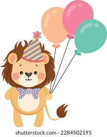 Happy birthday cute lion holding three balloons
