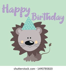 Happy Birthday, cute lion illustration graphic vector.T-shirt graphics, posters, party concept, textile graphic, greeting card.