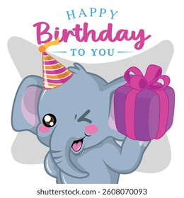 happy birthday from cute little elephant for greeting card, gift card