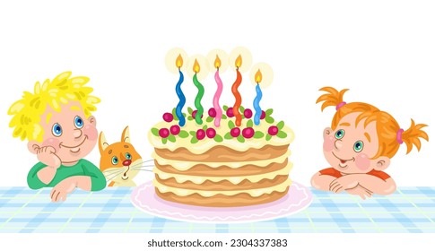 Happy birthday! Cute little girl, boy and funny cat are looking at a big cake with candles. In cartoon style. Isolated on white background. Vector flat illustration.