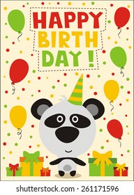 Happy birthday! Cute little panda with gifts and balloons. Greeting card.