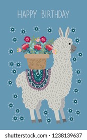 Happy birthday, Cute llama with flowers and lettering, template for card and your design. Hand drawing flat doodles vector Illustration