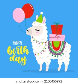 Happy birthday! - Cute llama hand drawn illustration with pink and red balloon. Summer color poster. Good for party inviation, greeting card, gift, shirt, mug, gift bag. Nursery room decoration.