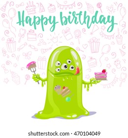 Happy Birthday cute monster card. Character for your design on light background with party elements.