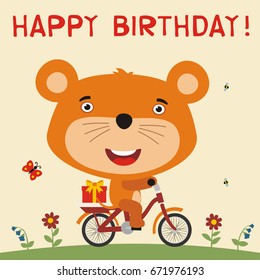 Happy birthday! Cute mouse rides on bike with gift. Greeteng card.