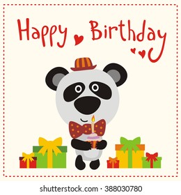 Happy birthday! Cute panda bear in red hat and bow with cake in hand.