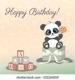 Happy birthday! Cute panda bear. Birthday card with cartoon panda and lollipop. Vector illustration.