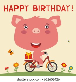 Happy birthday! Cute pig rides on bike with gift. Greeting card.