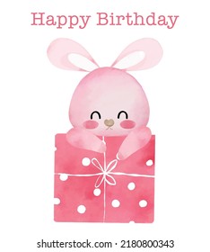happy birthday cute pink bunny watercolour card