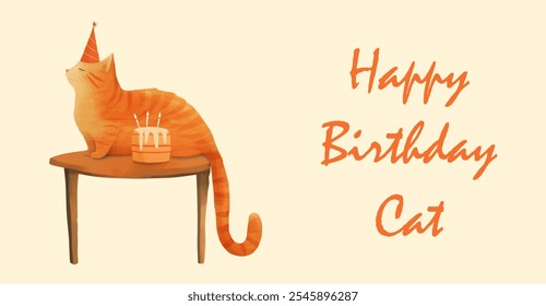 Feliz cumpleaños, linda postal con un gato rojo. Lindo gato rojo con sombrero y pastel con velas. Feliz cumpleaños, tarjeta de gato. Ilustración vectorial.