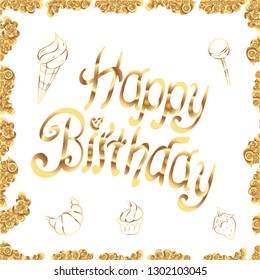 HAPPY BIRTHDAY. Cute postcard template. Nice travel card design. Beautiful pattern for packaging, Wallpapers, textile, scrapbooking. Illustration in white and beige colors. Vector. Seamless pattern.