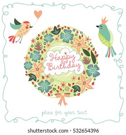 Happy birthday. Cute print for your design. Greeting card with birds, flowers and heart wreath.