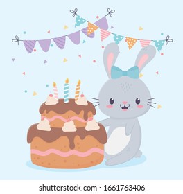 happy birthday cute rabbit cake with candles bunting flags celebration decoration card vector illustration