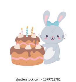 happy birthday cute rabbit cake with candles bunting flags celebration decoration card vector illustration