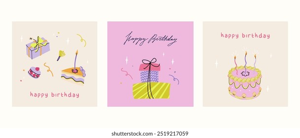 Happy birthday cute squared card set. Trendy greeting cards with pink ruffle cake, gifts, Birthday pipe. Elegant vector illustration templates in simple style