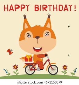 Happy birthday! Cute squirrel rides on bike with gift. Greeteng card.