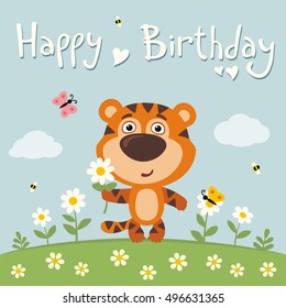 Happy birthday! Cute tiger with flower  chamomile on flower meadow in cartoon style. Greeting card.