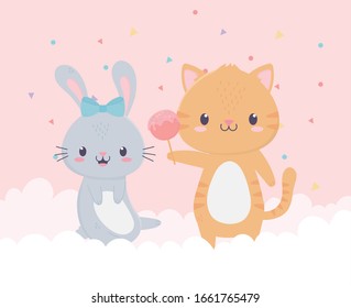 happy birthday cute tiger and rabbit with candy celebration decoration card vector illustration