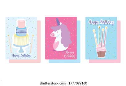 happy birthday, cute unicorn cupcake and cake with candles cartoon celebration decoration card vector illustration