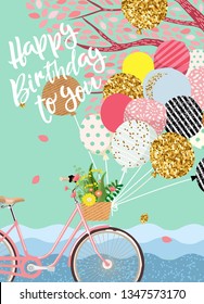 Happy Birthday! Cute vector card, poster or cover for holiday greetings! Illustration of a vintage bicycle with balloons
