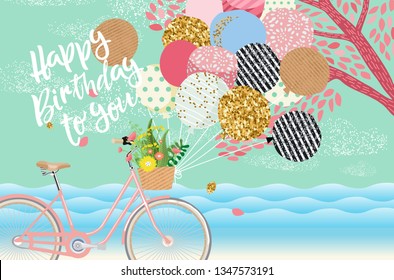 ¡Feliz cumpleaños! Tarjeta vectorial, afiche o portada para saludos festivos! Ilustración de una bicicleta vintage con globos
