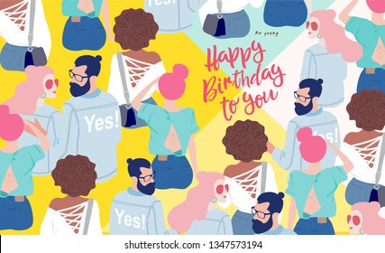 Happy Birthday! Cute vector card, banner or poster for congratulations. Many young hipster men sit back. Trendy, modern pattern