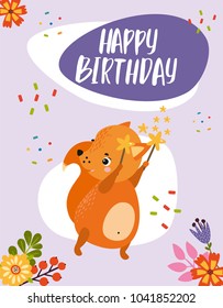 happy Birthday. cute vector greeting card with fox