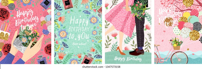 Happy Birthday! Cute vector illustration for congratulations  card  poster banner  Set drawn pictures for invitation