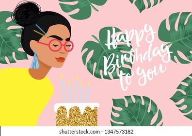 Happy Birthday! Cute vector illustration for congratulations, card, poster or banner. The girl blows out the candles on the cake at his holiday