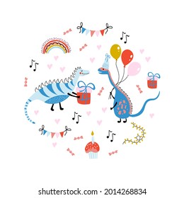 Happy Birthday. Cute vector print with dinosaurs, gifts, balloons, cupcake, rainbow on white background. Colorful illustration in simple hand drawn style for kids birthday party.

