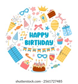 Happy Birthday cute vector set, greeting card with text. Round design. Fun bday party objects, flat colorful elements. Birthday cake, party hat, flags, balloons, gift boxes arrangement. 