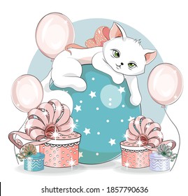 Joyeux Anniversaire Mignon Chat Blanc Chaton Image Vectorielle De Stock Libre De Droits