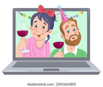 Happy birthday! Cute young couple man and woman in holiday hats with glasses of red wine on a laptop screen. Video chat online. Internet communication. In cartoon style. Vector illustration