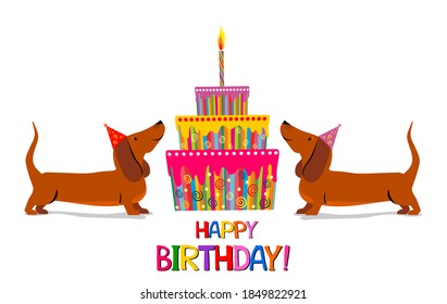 Happy Birthday! Dachshund dog. Cute cartoon character. Birthday cake and hat. Happy Birthday greeting card. Flat design. Kid greeting card template. Horizontal banner. Presentation, website. Vector 