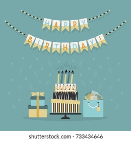 Happy Birthday decoration banner with cake and presents card on teal background
