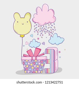 happy birthday decoration with clouds and present