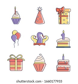 happy birthday, decoration event festive celebration party icon set vector illustration line and fill style