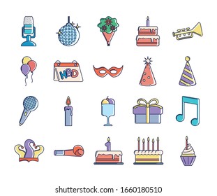 happy birthday, decoration event festive celebration party icon set vector illustration line and fill style