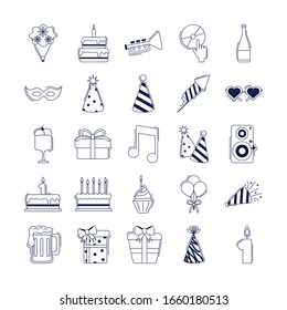 happy birthday, decoration event festive celebration party icon set vector illustration line style