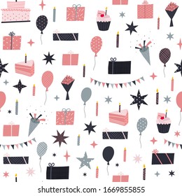 Happy Birthday decorations seamless pattern. Simple flat vector surface illustration cartoon style. Festive party celebration confetti hand drawn cute present picture graphic design clip art element.