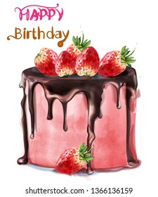 Happy birthday delicious strawberry cake Vector watercolor. Card decor