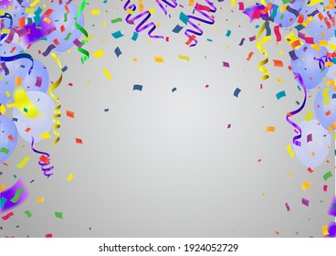 Happy Birthday Design - Balloon And Confetti Background. Design With Place For Text. Vector Birthday Card, Party Invitation, Banner,