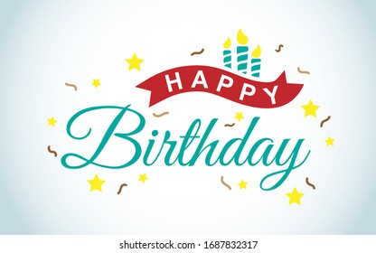 Happy birthday design banners with big red ribbon and candles. Blue letters on white background decorated with glittering golden yellow stars