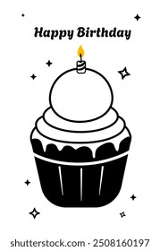 projeto de aniversário feliz com vela, tartes pretas e brancas